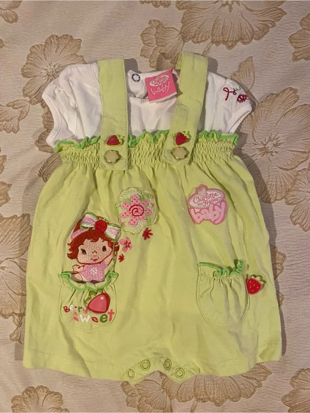 Baby Strawberry Appliqué Lime Green Matching Set